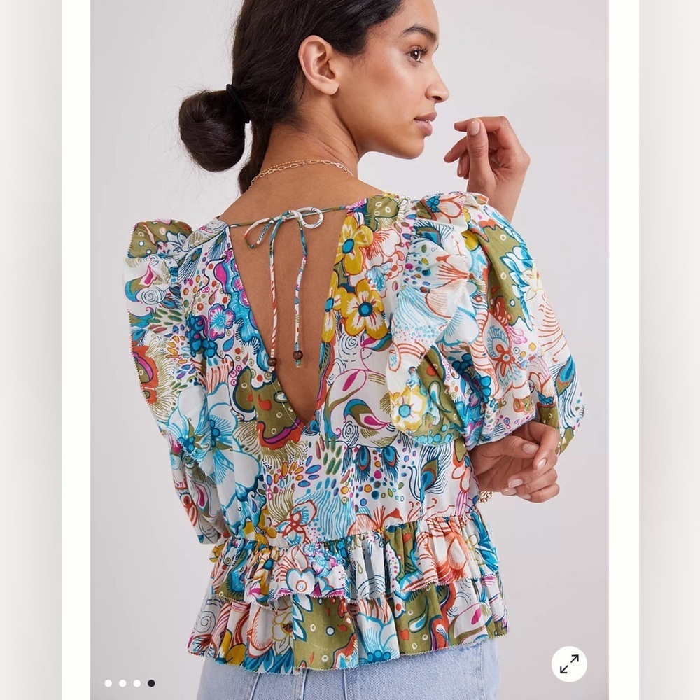 Love The Label | Anthropology| Regan Floral Peplum Blouse, Puff Sleeve, Size M - Picture 2 of 13
